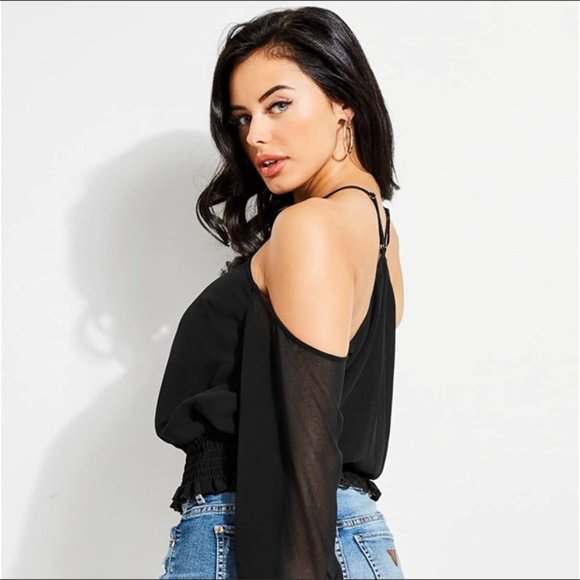 GUESS Black Cold Shoulder Blouse with Criss Cross Detail - Picture 4 of 8